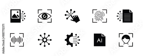 Artificial Intelligence and Biometric Recognition Solid Icons Set for Technology, Security, and Data Processing.