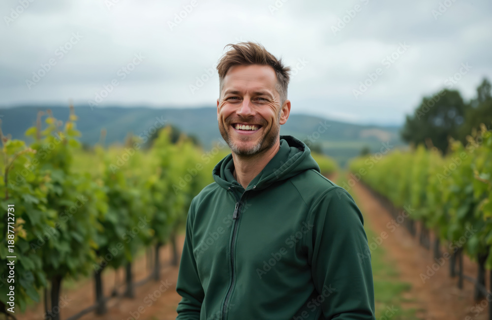 Fototapeta premium Man smiles in green tracksuit amid vineyard rows. Adult male wears casual sportswear in scenic wine country. Outdoor portrait shows him happy in nature against hilly landscape.