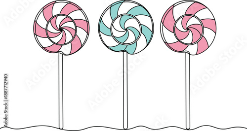 Colorful candy lollipop illustration with cute spiral sweets on sticks minimal line art style playful dessert design
