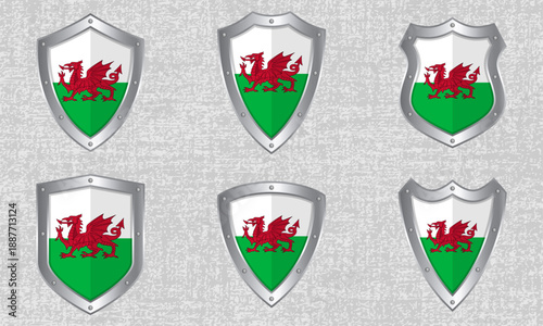 Set of metal shields with the Welsh flag