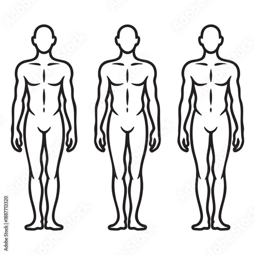 Three stylized black and white human body outlines standing side by side male figure three figures