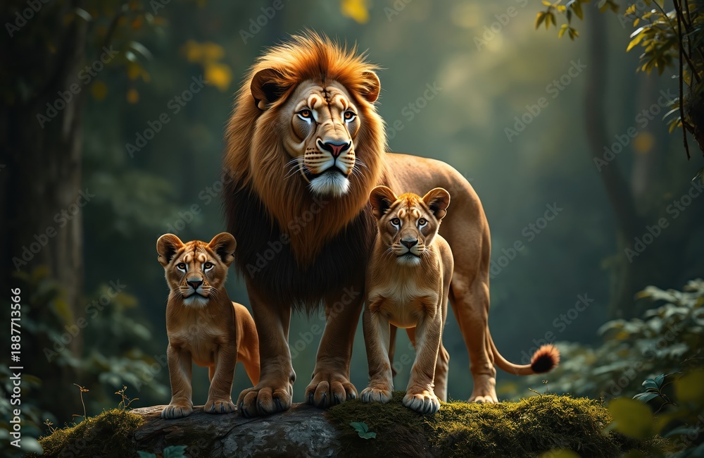 Fototapeta premium Majestic male lion with full mane stands guard over two young cubs in forest setting. Family of lions rests on mossy log surrounded by dappled sunlight, dense foliage. Powerful symbol of strength,