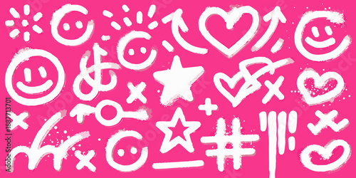 Playful pink background with white doodles of smiles hearts and stars