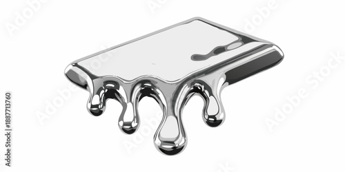 A realistic rendering of melting silver liquid dripping from a rectangular form