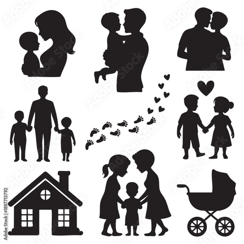 Black silhouettes of families children parents house and baby carriage family mother father