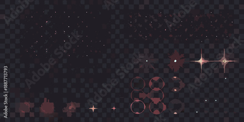 A collection of pixelated sparkles bubbles and light effects on dark background