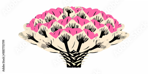 A stylized abstract rendering of a floral or artichoke like form in pink and beige