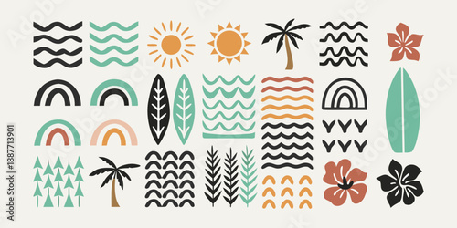 A collection of vibrant summer elements sun waves palm trees and floral designs