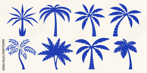 A collection of stylized blue palm tree silhouettes on a neutral background