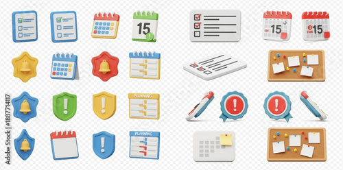 Collection of 3D icons for business, organization, and time management applications.