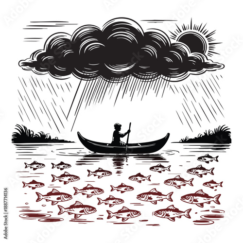 Person in canoe rowing through school of fish under stormy sky and sun paddle boat