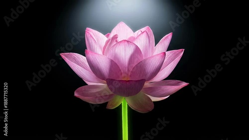Pink lotus flower blooming against a solid black background. Macro shot of a vibrant water lily with a dramatic spotlight effect. Botanical study and nature concept. Elegant floral imagery