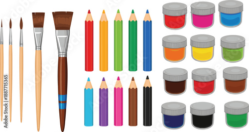 Cartoon art supplies, paintbrushes, colored pencils, paint jars, drawing tools, painting equipment, creative materials, colorful stationery, vector illustration set