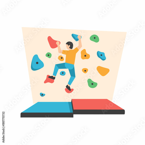 Active Man Climbing Indoor Bouldering Wall with Crash Pads