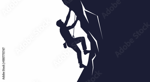 Dramatic Silhouette of Climber Ascending Overhanging Rock Cliff