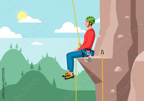 Climber Resting on Rock Ledge with Scenic Mountain Landscape View