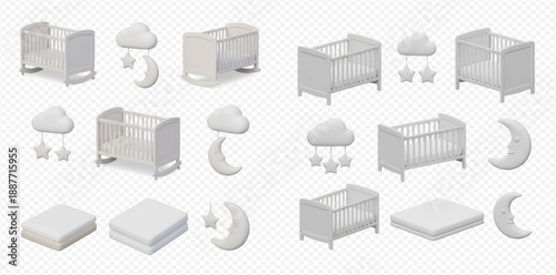 Set of white baby cribs, mattresses, and decorative elements like clouds, stars, and moons for nursery design.