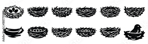 Easter bird nest Silhouette vector icon set. Easter vector icons on white background and Vector illustration.