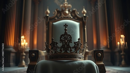 abdication. An ornate jeweled crown resting on an empty throne in a dim room. event programs, museum guides, designed for cultural heritage projects and event programs, elevates cultural identity.
