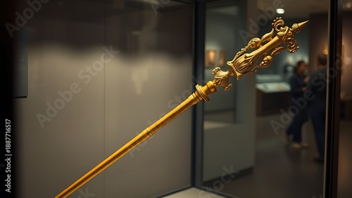 glaive. A ceremonial gilded glaive with carved shaft displayed in a museum. event programs, museum guides, designed for cultural heritage projects and event programs, preserves heritage.