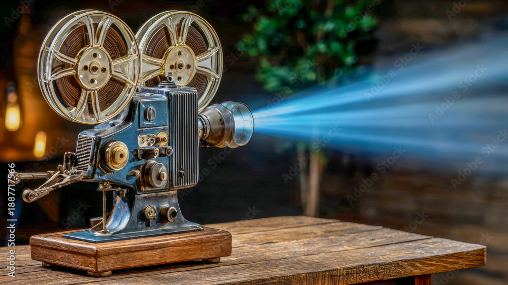 Fototapeta premium Vintage film projector casting a bright beam of light in a cozy room filled with a warm ambiance during a gathering of enthusiasts celebrating classic cinema