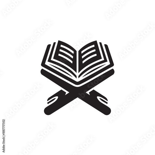 An open book with a stand depicted in a simple black and white graphic illustration style