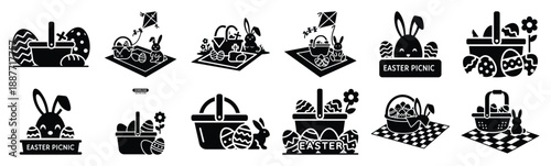 Easter easter picnic Silhouette vector icon set. Easter vector icons on white background and Vector illustration.
