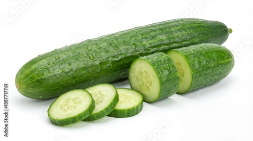 Cucumber sliced on white background in bright studio lighting for healthy food advertising.
