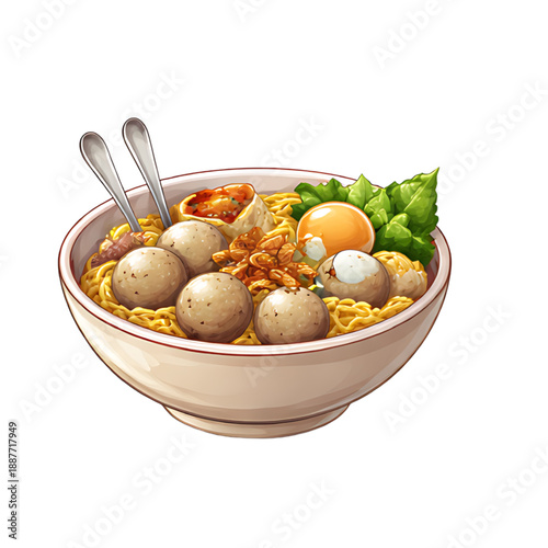 An inviting illustration of a comforting bowl of savory noodle soup, generously topped with tender meatballs, a soft-boiled egg, and fresh green garnish, a hearty and flavorful meal