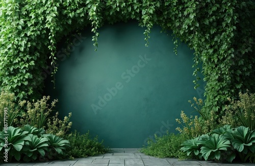 Greenery frames a teal wall, offering space for text. Lush plants form a natural border against a textured backdrop. This verdant scene invites creative use.