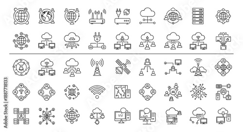 Network and Connectivity Icons Set – Line Style Cloud, Server, WiFi, Internet & Data Symbols