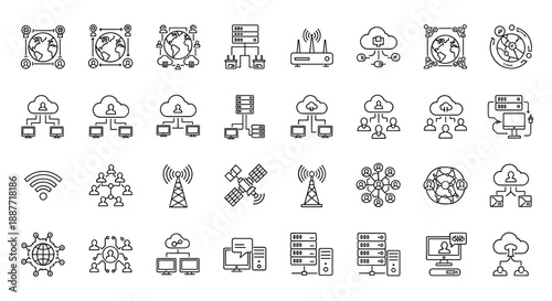 Network and Connectivity Icons Set – Line Style Cloud, Server, WiFi, Internet & Data Symbols