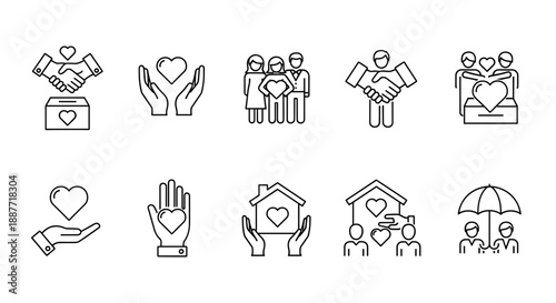 Charity and Care Icons Set – Line Style Support, Donation, Family & Community Symbols