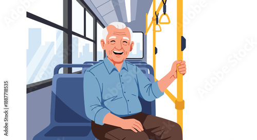Elderly man sitting comfortably on a city bus, illustrated in modern flat vector style, representing senior mobility, public transportation use, and positive urban lifestyle