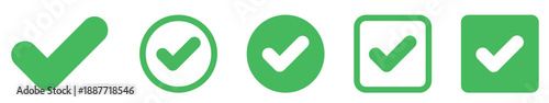 Check mark icon set. Check box icon with right button and yes checkmark icons in green tick box. Isolated checkmark symbol, right sign concept. Symbols of approval.