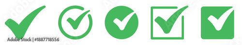 Check mark icon set. Check box icon with right button and yes checkmark icons in green tick box. Isolated checkmark symbol, right sign concept. Symbols of approval.