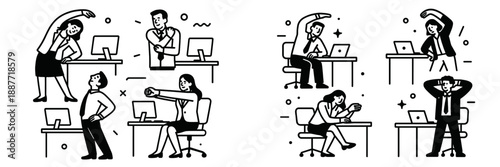 Office workers practicing stretching exercises during breaks