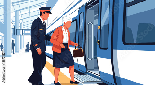 Senior woman boarding a train with assistance, shown in flat vector style, highlighting accessibility, supportive public transport, and independent aging lifestyle