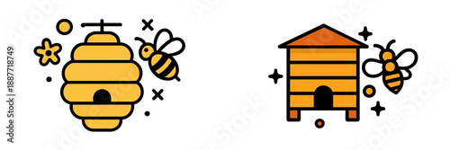Vector illustration of beehive and bees in a garden setting
