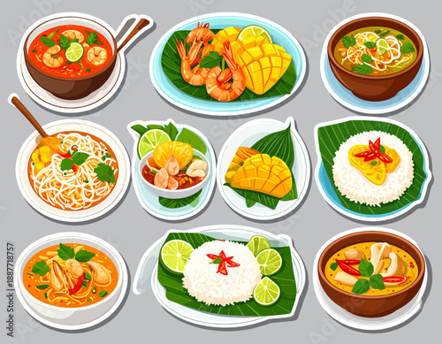Assorted Southeast Asian dishes on plates and bowls, showcasing diverse culinary delights and vibrant ingredients in a flat lay illustration.