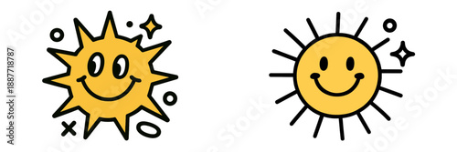 Cheerful sun characters with smiling faces and playful styles