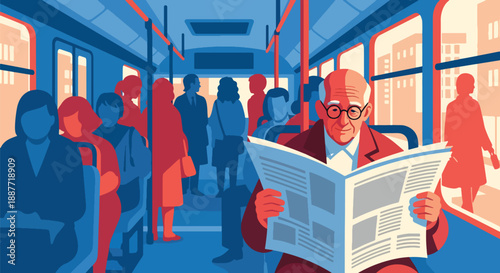 Elderly man reading a newspaper on a city bus, flat vector style, representing peaceful senior commuting, public transportation comfort, and daily routine