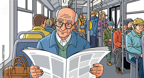 Elderly man reading a newspaper on a city bus, flat vector style, representing peaceful senior commuting, public transportation comfort, and daily routine