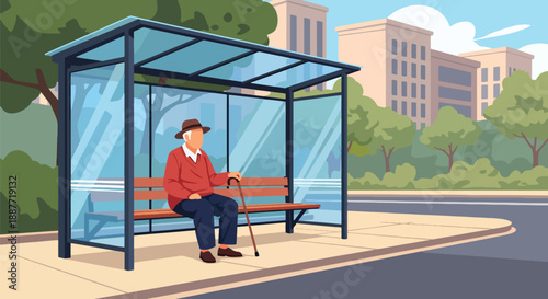 Elderly man with a cane waiting at a bus stop bench, flat vector illustration showing accessible urban mobility and independent senior lifestyle
