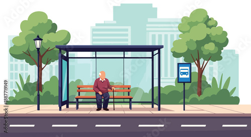 Elderly man with a cane waiting at a bus stop bench, flat vector illustration showing accessible urban mobility and independent senior lifestyle