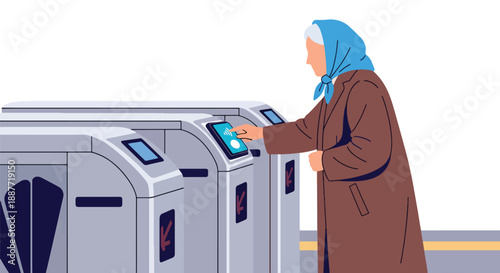 Senior woman using a contactless card at metro gates, illustrated in modern flat vector style, showing technology adoption in public transportation for elderly