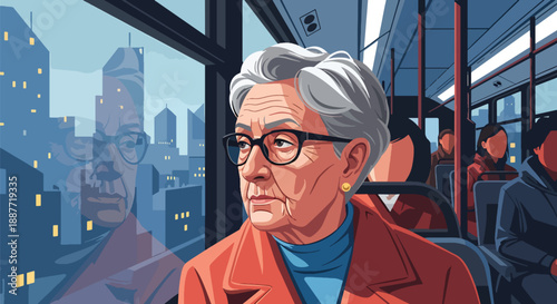 Senior woman gazing out a bus window at the city, flat vector illustration capturing reflective urban travel and peaceful public transportation moments