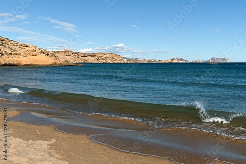 View of Cala de La Carolina beach and Mediterranean Sea near Aguilas city. Spain. Europe.