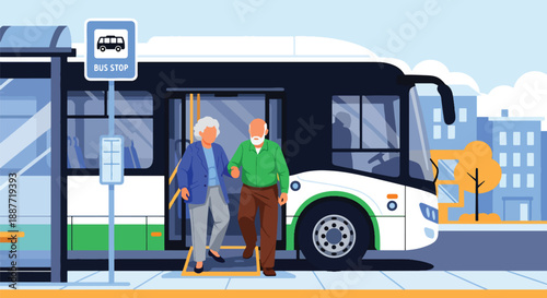 Elderly couple entering a low-floor bus with ramp access, illustrated in flat vector style, highlighting inclusive and accessible public transportation