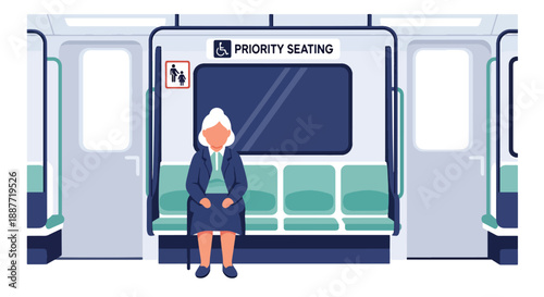 Elderly woman sitting in priority seating on a train, modern flat vector style emphasizing respectful and inclusive public transportation design